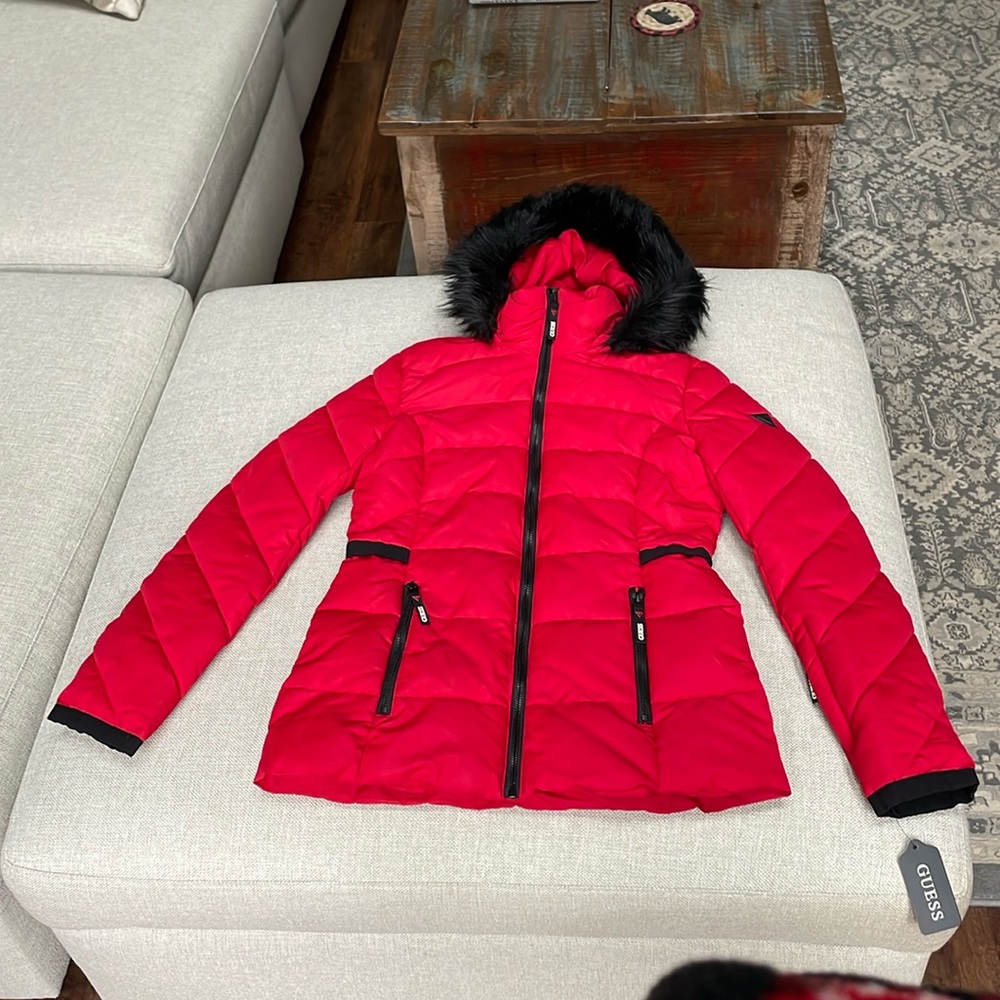 GUESS Women’s red hooded winter jacket. Size women’s small. Brand new with tags.